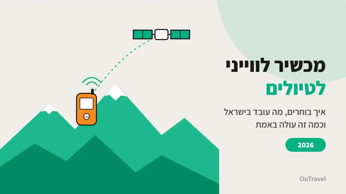 איור של מכשיר תקשורת לווייני כתום על רקע הרים ולוויין, עם הכותרת מכשיר לווייני לטיולים