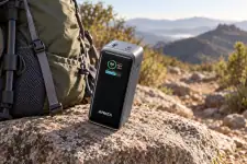 מטען נייד Anker Prime 20,000 שחור על סלע ליד תרמיל טיולים בשטח הררי