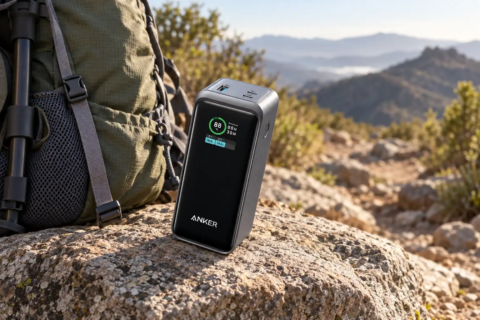 מטען נייד Anker Prime 20,000 שחור על סלע ליד תרמיל טיולים בשטח הררי