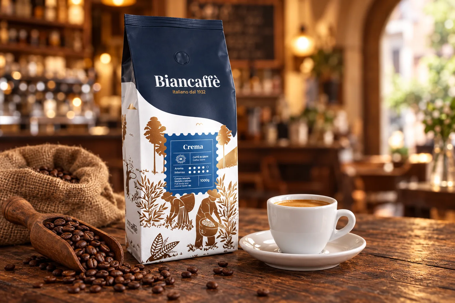 אריזת פולי קפה Biancaffe Crema של 1 ק"ג ליד כוס אספרסו, כף עץ עם פולי קפה ושק יוטה