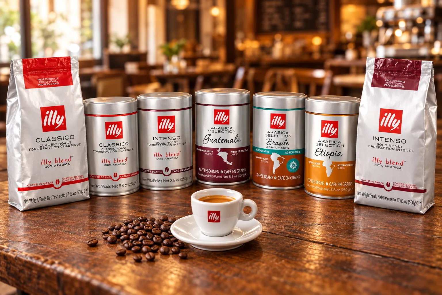 פולי קפה illy: שתי אריזות של 500 גרם וחמש פחיות של 250 גרם Classico, Intenso, גואטמלה, ברזיל ואתיופיה