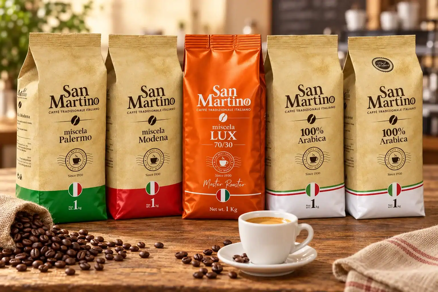 חמש תערובות פולי קפה San Martino: Palermo, Modena, Luxe, 100% ערביקה ו-Top Quality