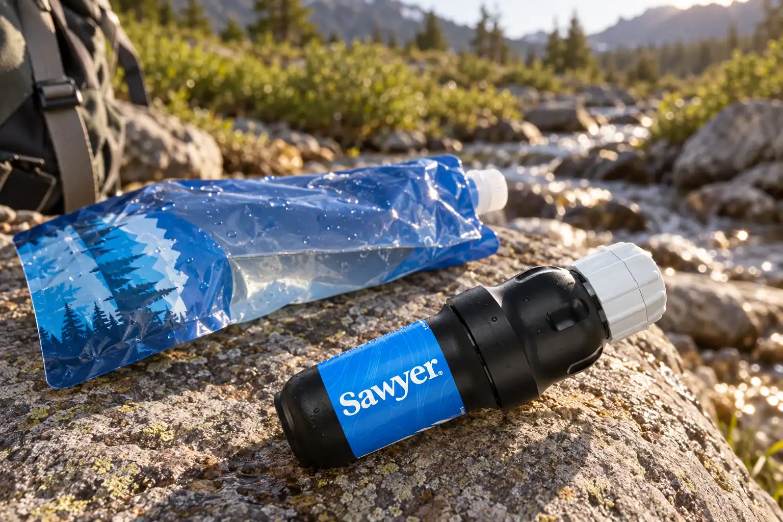 מסנן Sawyer Squeeze ושקית מים מלאה על סלע ליד נחל הררי