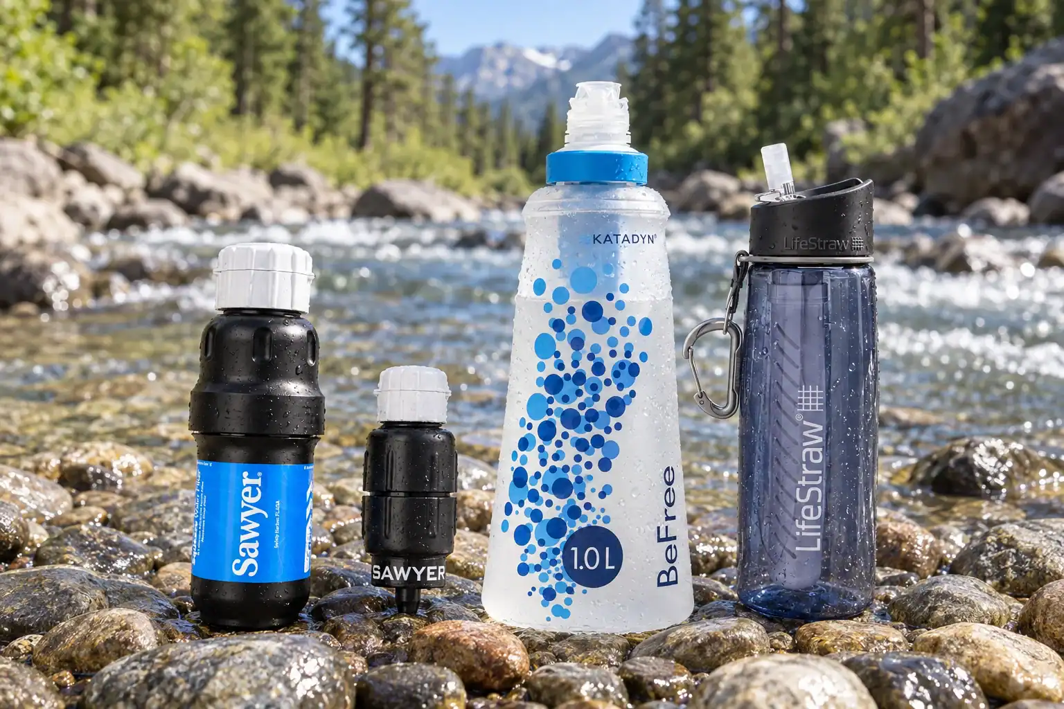 ארבעה מסנני מים לטיולים, Sawyer Squeeze, Sawyer Micro, Katadyn BeFree ו-LifeStraw Go, על חלוקי נחל בגדת נחל הררי